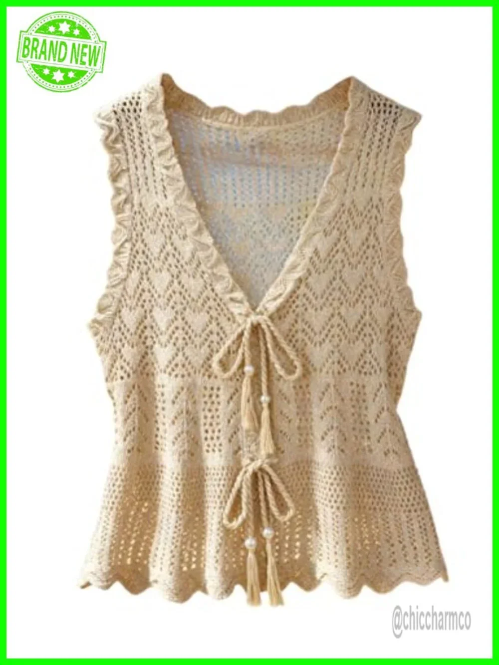 Tie Front Crochet Sweater Vest Sleeveless V Neck Cardigan
